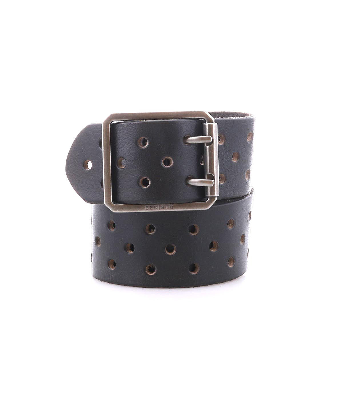 The Bed Stu Mccoy is a black vegetable-tanned leather belt featuring a silver rectangular buckle and multiple round holes, blending modern aesthetics with a timeless design.