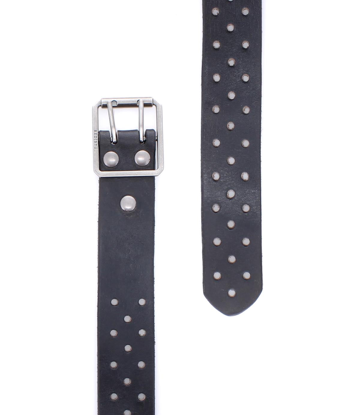 The Bed Stu Mccoy is a black vegetable-tanned leather belt featuring a silver buckle and two rows of metal studs, blending timeless design with modern style.