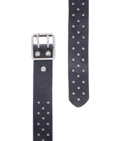 The Bed Stu Mccoy is a black vegetable-tanned leather belt featuring a silver buckle and two rows of metal studs, blending timeless design with modern style.