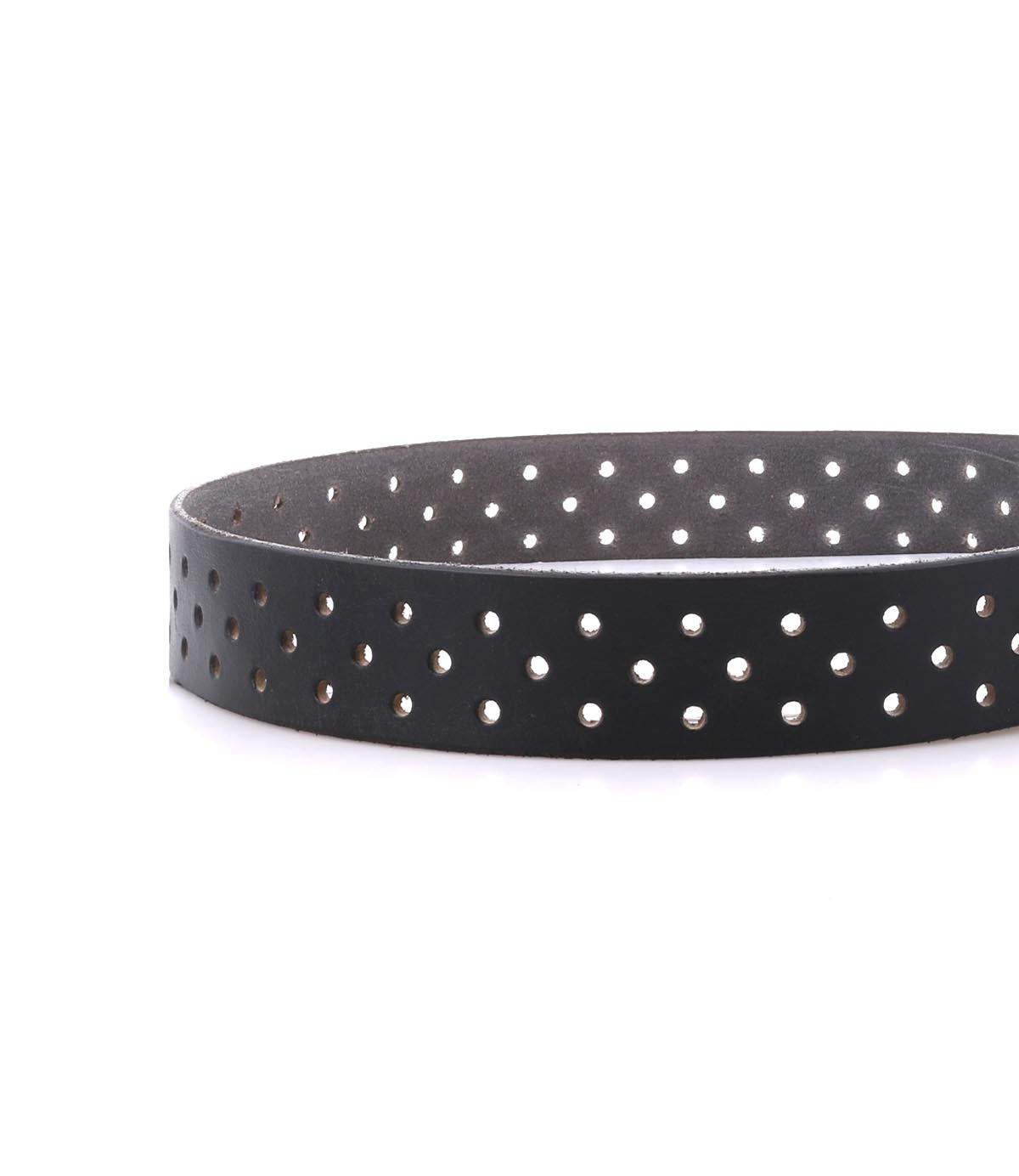 The Bed Stu Mccoy is a black vegetable-tanned leather belt featuring evenly spaced circular holes along its length, combining modern style with timeless design, shown on a white background.
