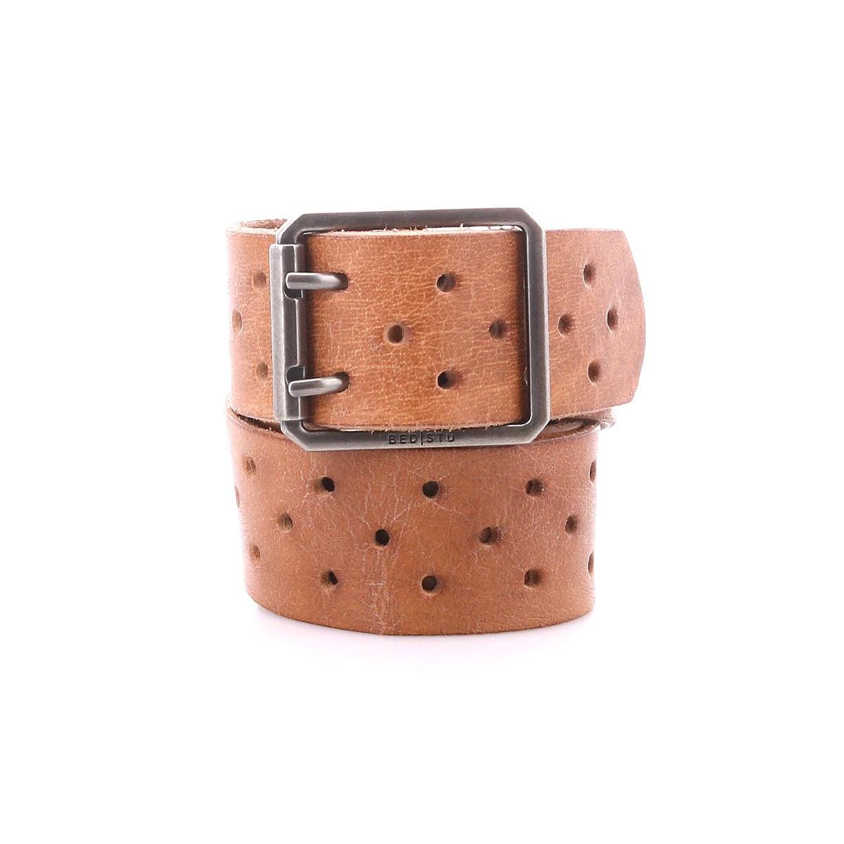 The Bed Stu Mccoy is a brown vegetable-tanned leather belt featuring a rectangular metal buckle and evenly spaced round holes, combining timeless design with modern style.