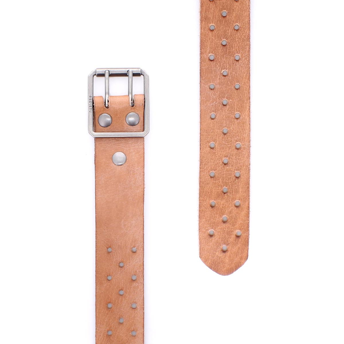 The Bed Stu Mccoy is a tan vegetable-tanned leather belt featuring a silver buckle and small metal studs arranged in rows, blending classic style with modern flair.