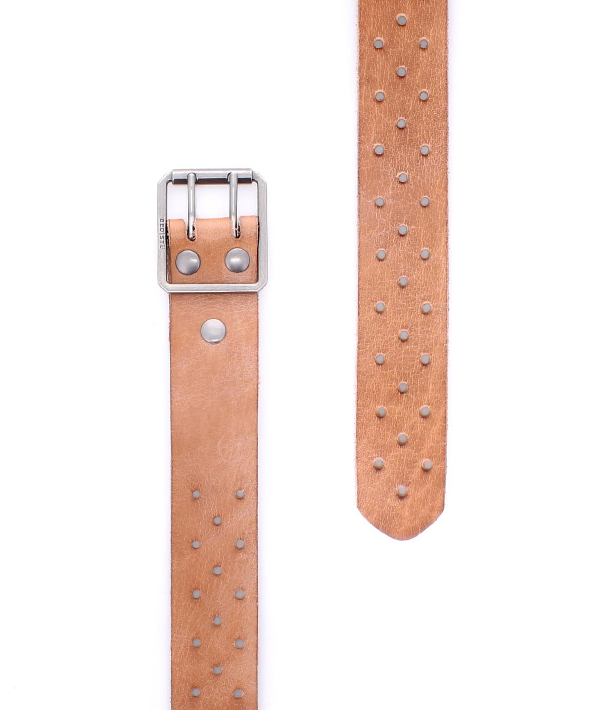 The Bed Stu Mccoy is a tan vegetable-tanned leather belt featuring a silver buckle and small metal studs arranged in rows, blending classic style with modern flair.