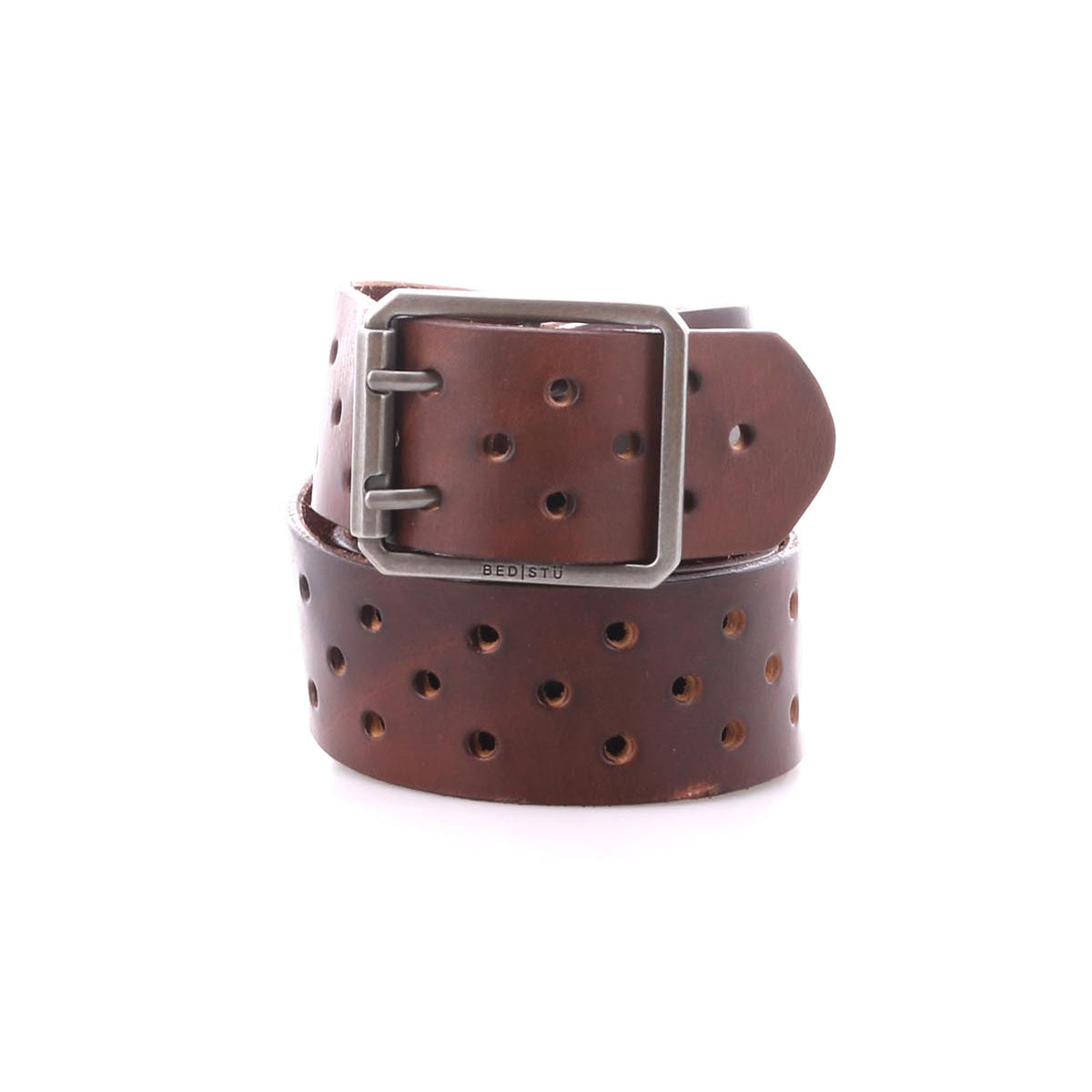 The Bed Stu Mccoy is a vegetable-tanned leather belt with multiple rows of holes and a silver rectangular buckle, blending classic style with modern appeal. Shown coiled on a white background.