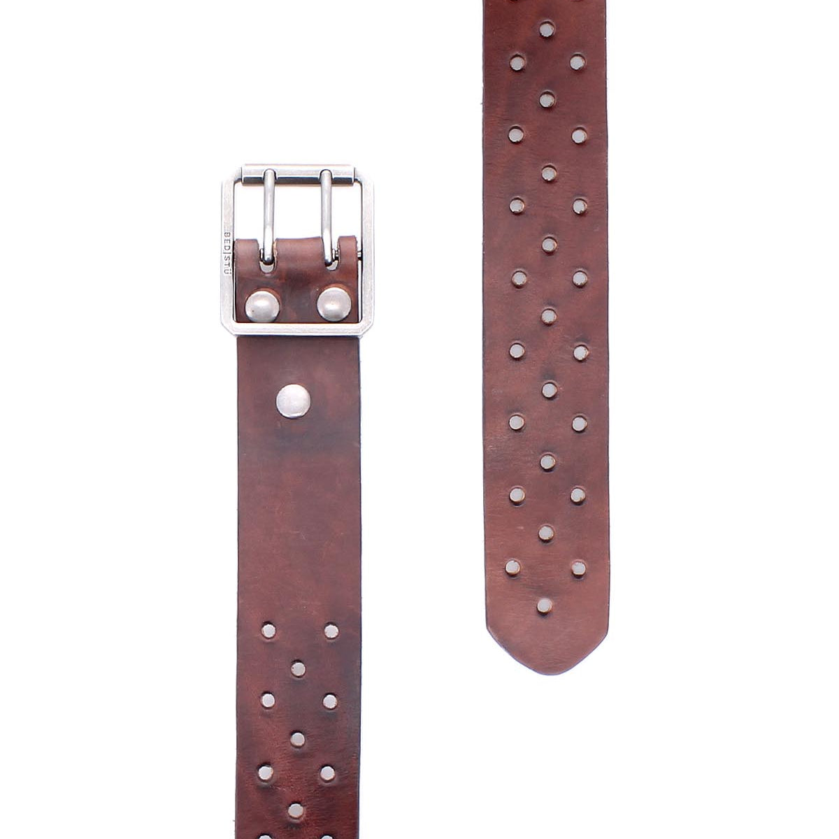 The Bed Stu Mccoy is a brown vegetable-tanned leather belt featuring a silver-tone buckle and evenly spaced metal studs, blending classic style with modern details. Shown flat on a white background.