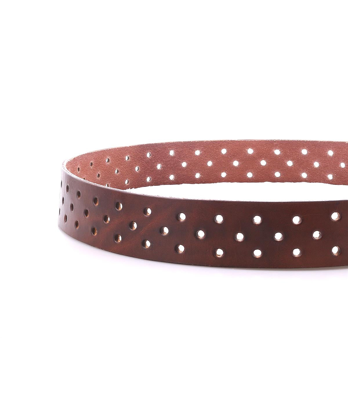 The Bed Stu Mccoy is a brown vegetable-tanned leather belt with evenly spaced round holes, offering a timeless design and displayed against a white background.