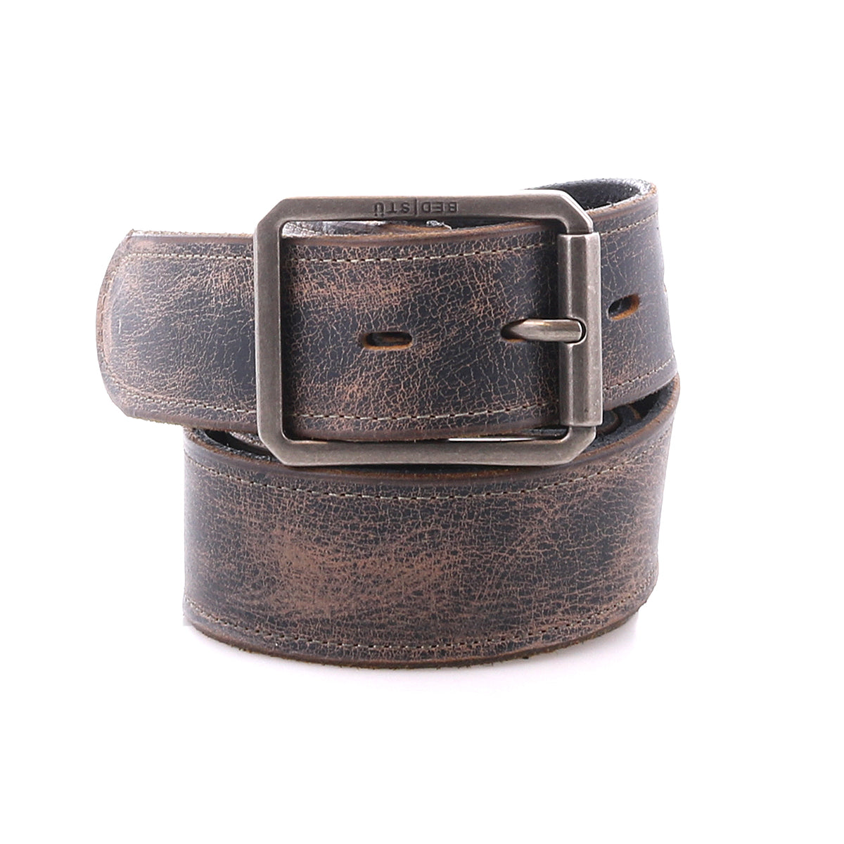 The Bed Stu Meander is a brown distressed leather belt with an antique metal buckle, shown rolled up on a white background.