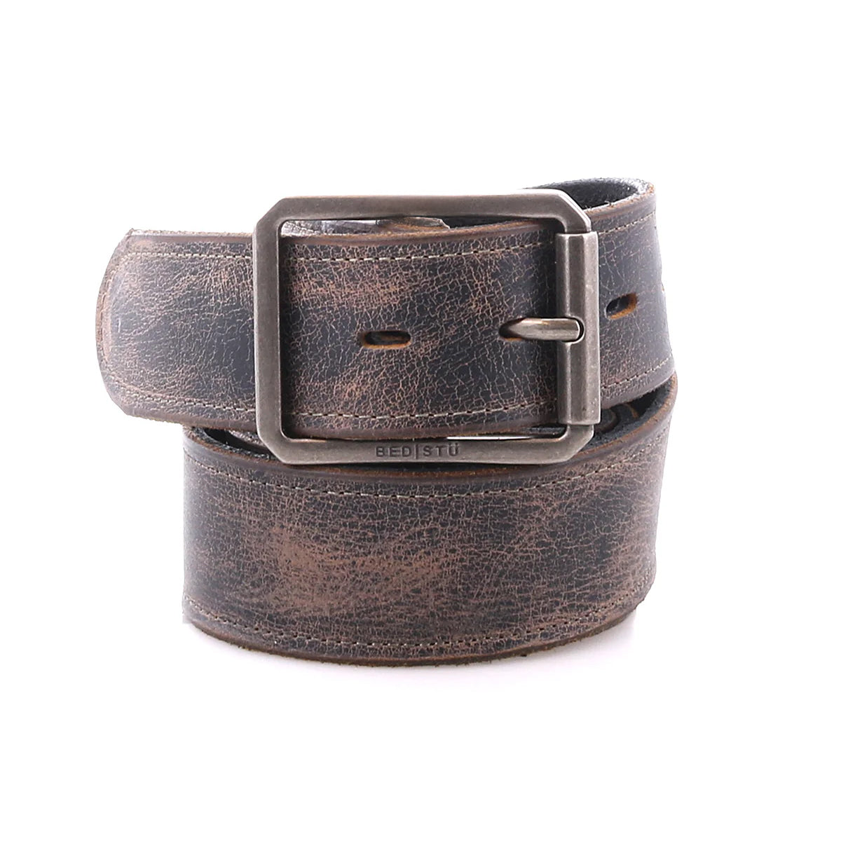 The Bed Stu Meander is a distressed brown leather belt featuring an antique metal buckle, rolled up for display against a white background.