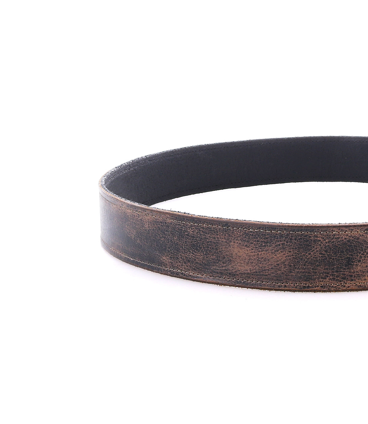 A close-up of the Bed Stu Meander belt in brown distressed leather with a black inner lining and antique metal buckle, shown on a white background.