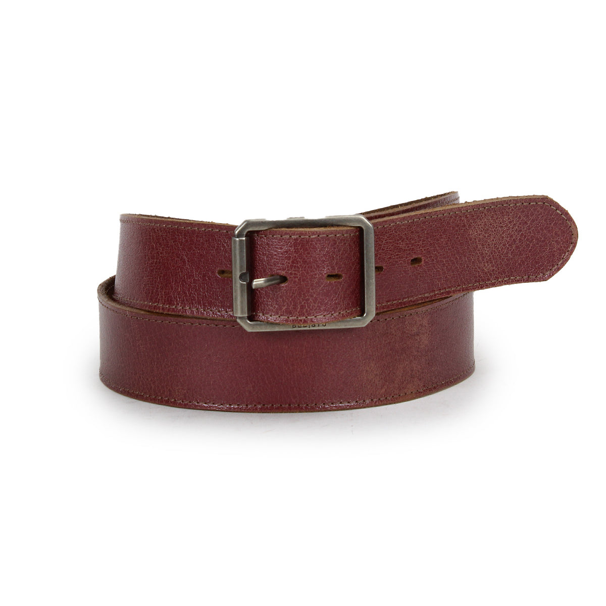 The Bed Stu Meander belt, crafted from dark red distressed leather with a rectangular antique metal buckle, is coiled on a white background.