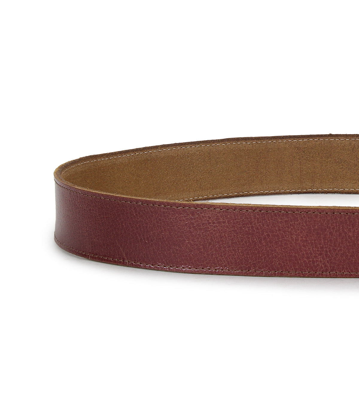 The Bed Stu Meander belt, crafted from brown distressed leather with an antique metal buckle, is displayed coiled in a circle against a white background.