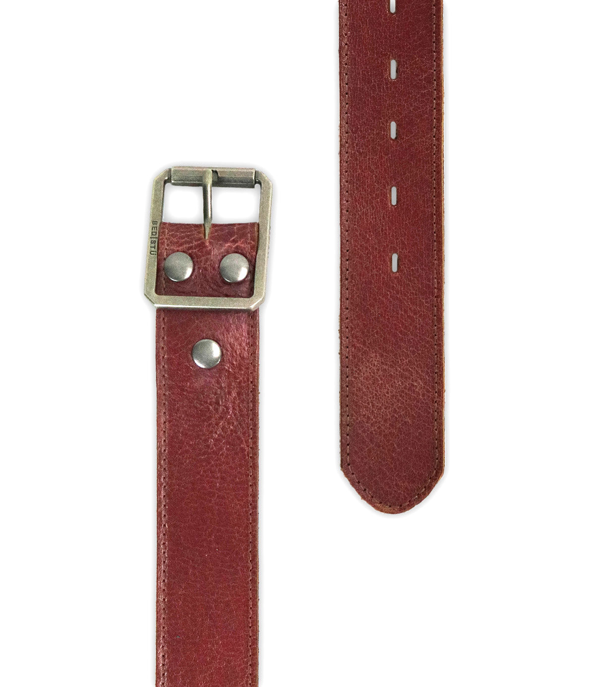 A detailed look at the Bed Stu Meander belt, made from distressed leather with metal rivets and an antique buckle, highlighting its customizable fit at both the buckle end and tip with adjustment holes.
