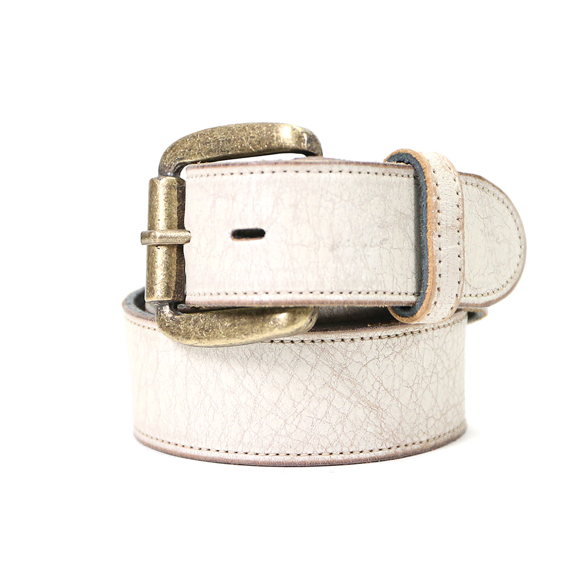 A Meander coiled white leather belt with a removable antique buckle, isolated on a white background.