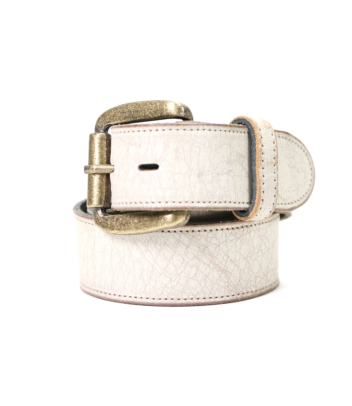 A Meander coiled white leather belt with a removable antique buckle, isolated on a white background.