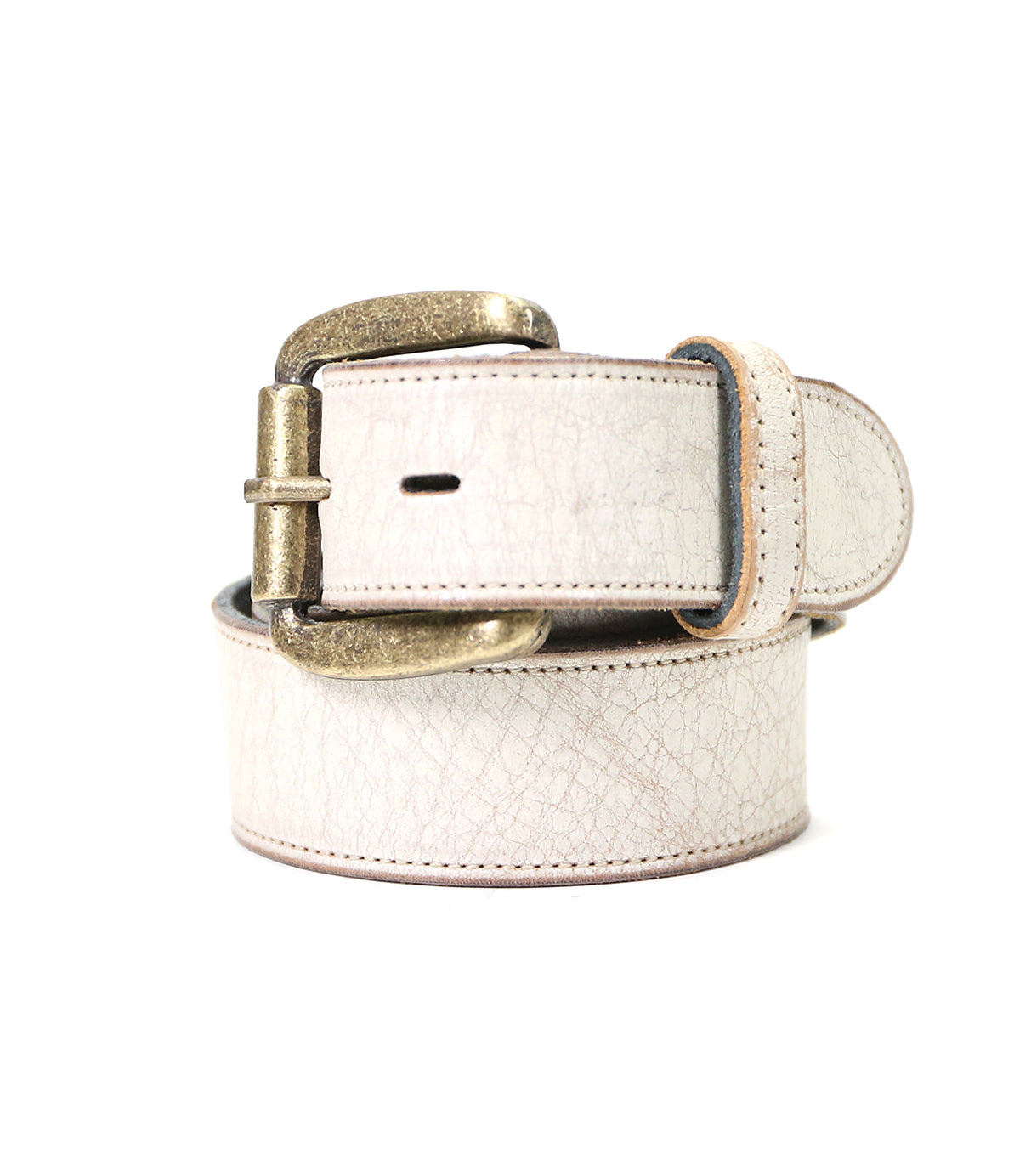 The Bed|Stü Meander Belt Buckle Bundle features a rolled white leather belt with a brass buckle, displayed on a plain white background.