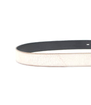 Light pink distressed leather Meander belt with a removable buckle and black interior on a white background by Bed Stu.