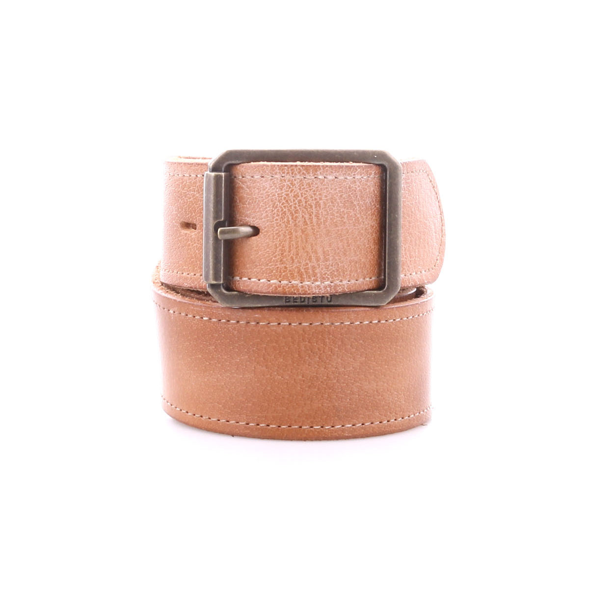 The Bed Stu Meander is a tan distressed leather belt featuring an antique metal buckle and visible edge stitching, neatly rolled for display against a white background.