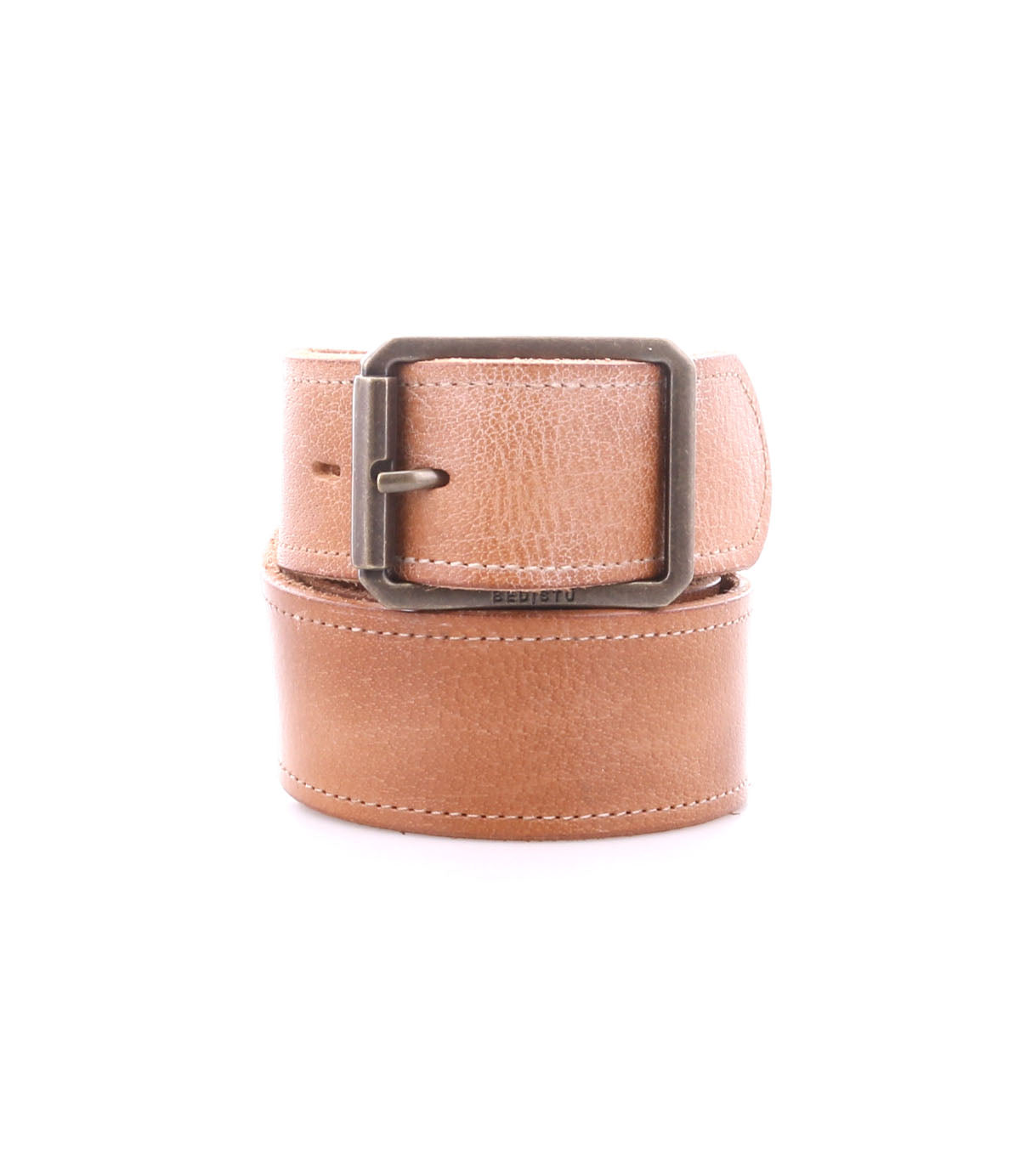 The Bed Stu Meander is a tan distressed leather belt featuring an antique metal buckle and visible edge stitching, neatly rolled for display against a white background.