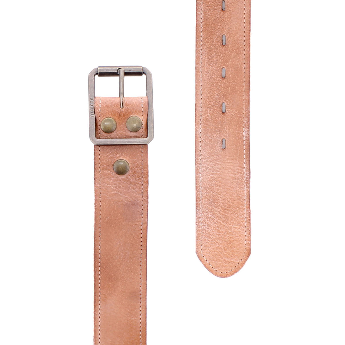 The Bed Stu Meander is a tan distressed leather belt with metal studs and an antique metal buckle, shown buckled and unbuckled on a white background.