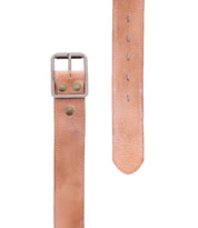 The Bed Stu Meander is a tan distressed leather belt with metal studs and an antique metal buckle, shown buckled and unbuckled on a white background.