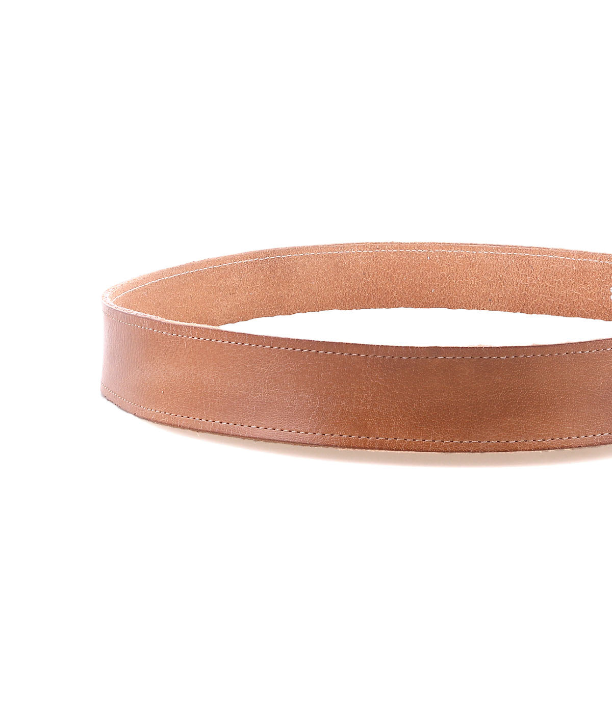 The Bed Stu Meander belt, featuring distressed brown leather and an antique metal buckle, is displayed in a circular shape on a white background.
