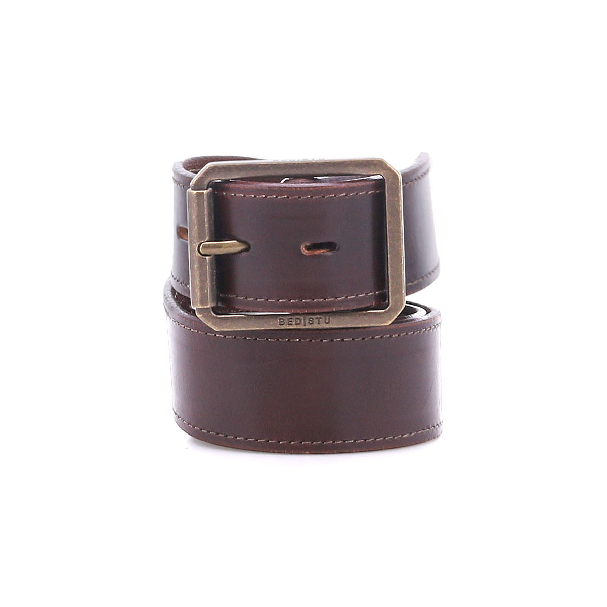 The Bed Stu Meander is a rugged belt made from brown distressed leather featuring visible stitching and a rectangular antique metal buckle. The brand name "Bed Stu" is engraved near the coiled buckle.
