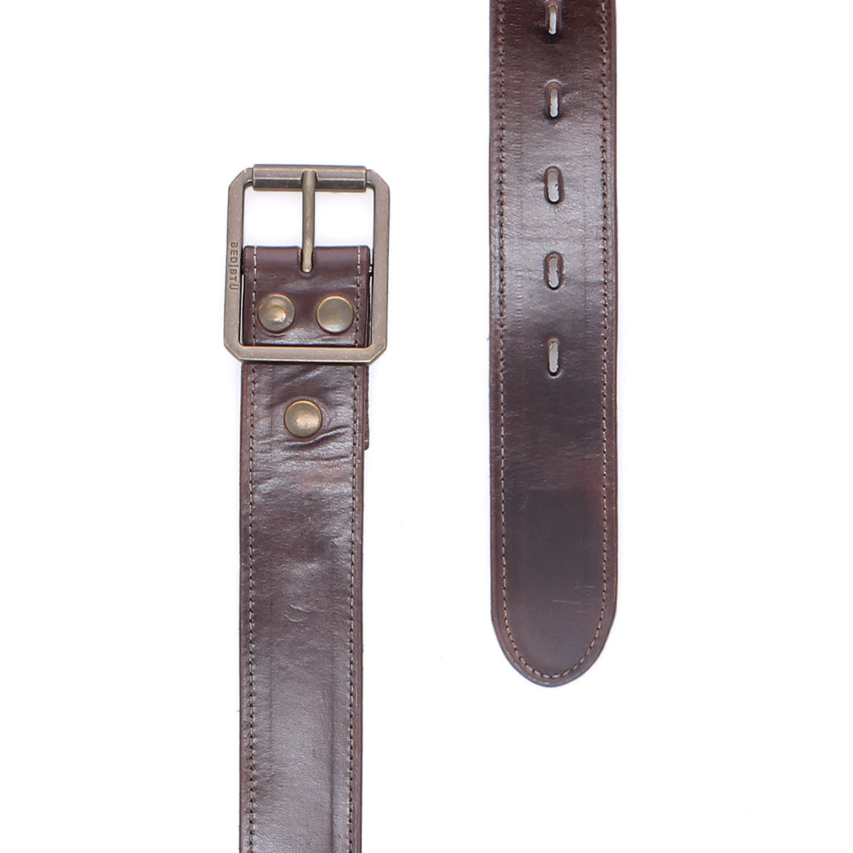 The Bed Stu Meander is a rugged brown distressed leather belt with an antique metal double-prong buckle, shown both buckled and unbuckled on a white background.