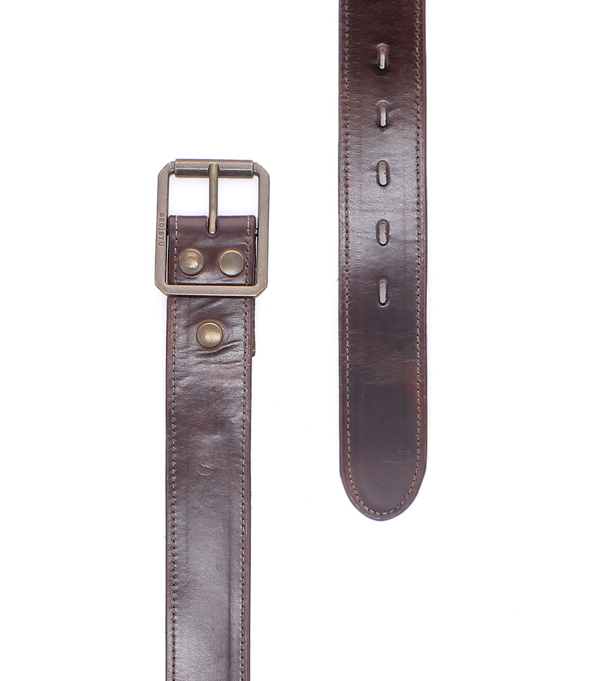The Bed Stu Meander is a rugged brown distressed leather belt with an antique metal double-prong buckle, shown both buckled and unbuckled on a white background.