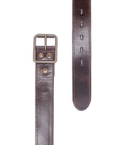 The Bed Stu Meander is a rugged brown distressed leather belt with an antique metal double-prong buckle, shown both buckled and unbuckled on a white background.