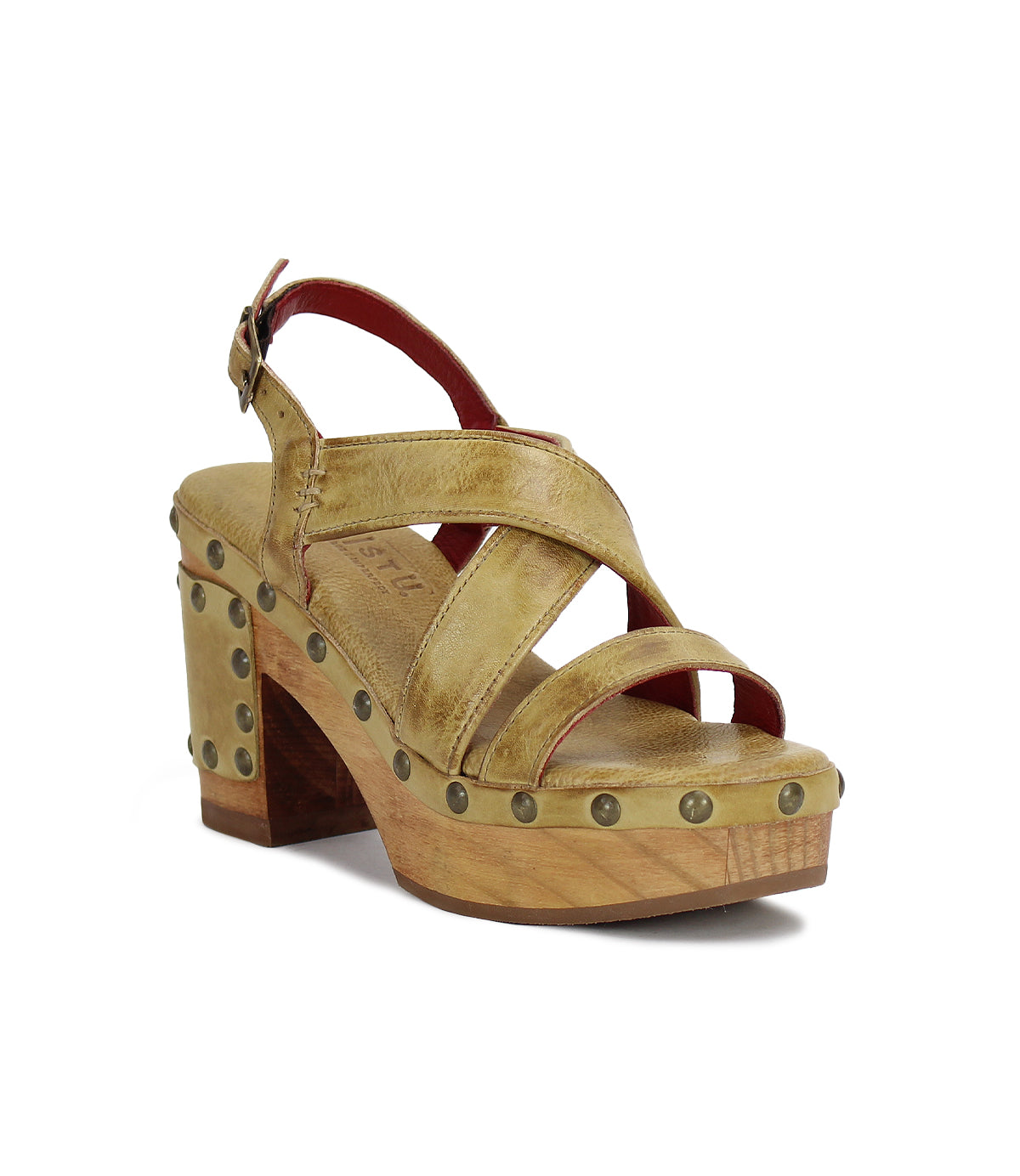 A comfortable yellow Bed Stu sandal with a red strap, perfect for Mediation.