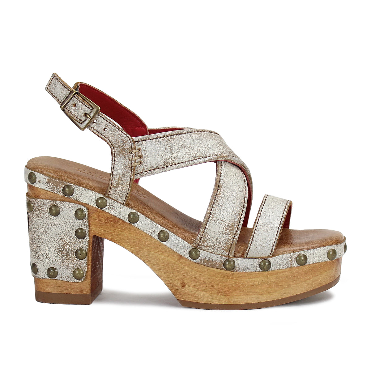 A comfortable white Mediation sandal with studs on it from Bed Stu.