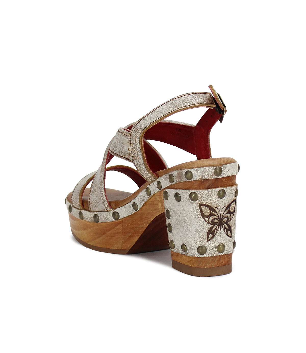 A comfortable pair of Bed Stu white sandals adorned with a delicate butterfly.