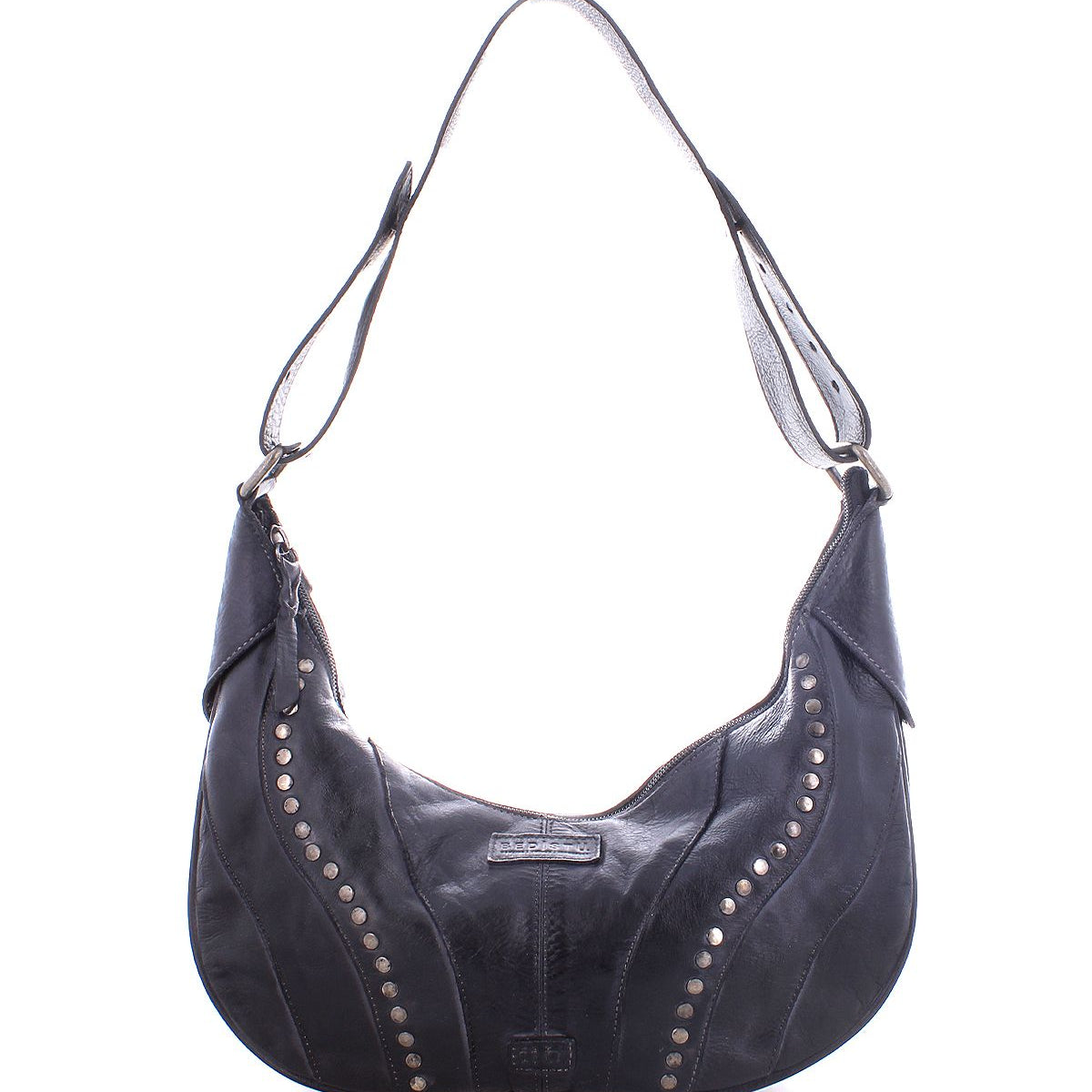 The Megara shoulder bag by Bed Stu is crafted from black leather and features studded detailing along with an adjustable strap.