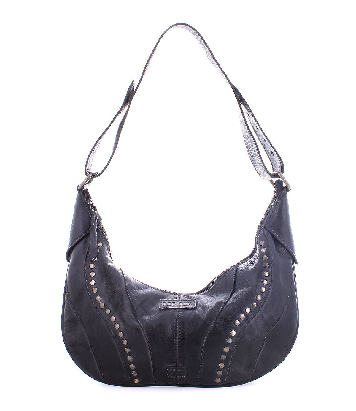 The Megara shoulder bag by Bed Stu is crafted from black leather and features studded detailing along with an adjustable strap.