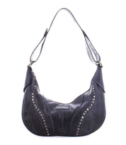 The Megara shoulder bag by Bed Stu is crafted from black leather and features studded detailing along with an adjustable strap.