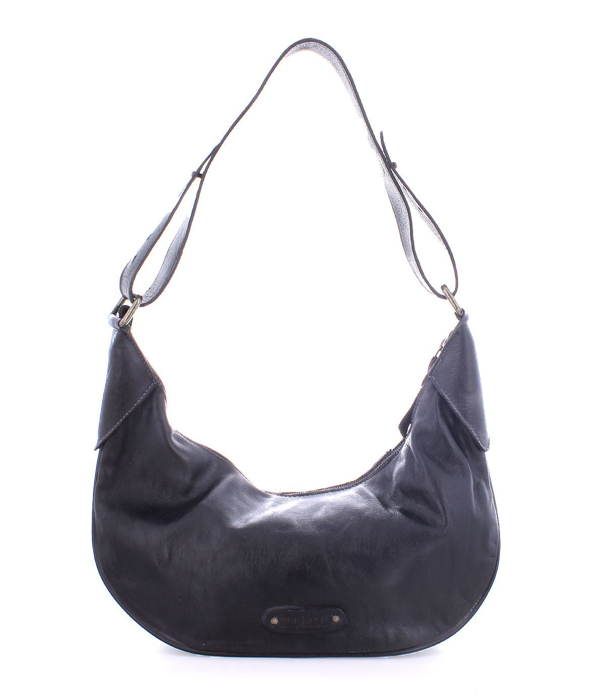 The Megara saddle bag by Bed Stu showcases a crescent shape and adjustable strap, enhanced with exquisite leather details.