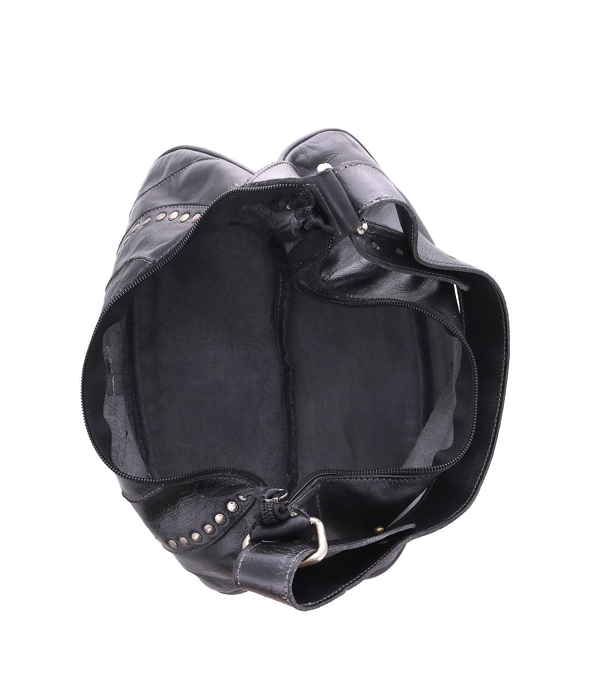 Top view of an open black Megara leather bag by Bed Stu, featuring intricate leather details and metal stud accents, revealing an empty interior. This stylish design makes it the perfect everyday companion.