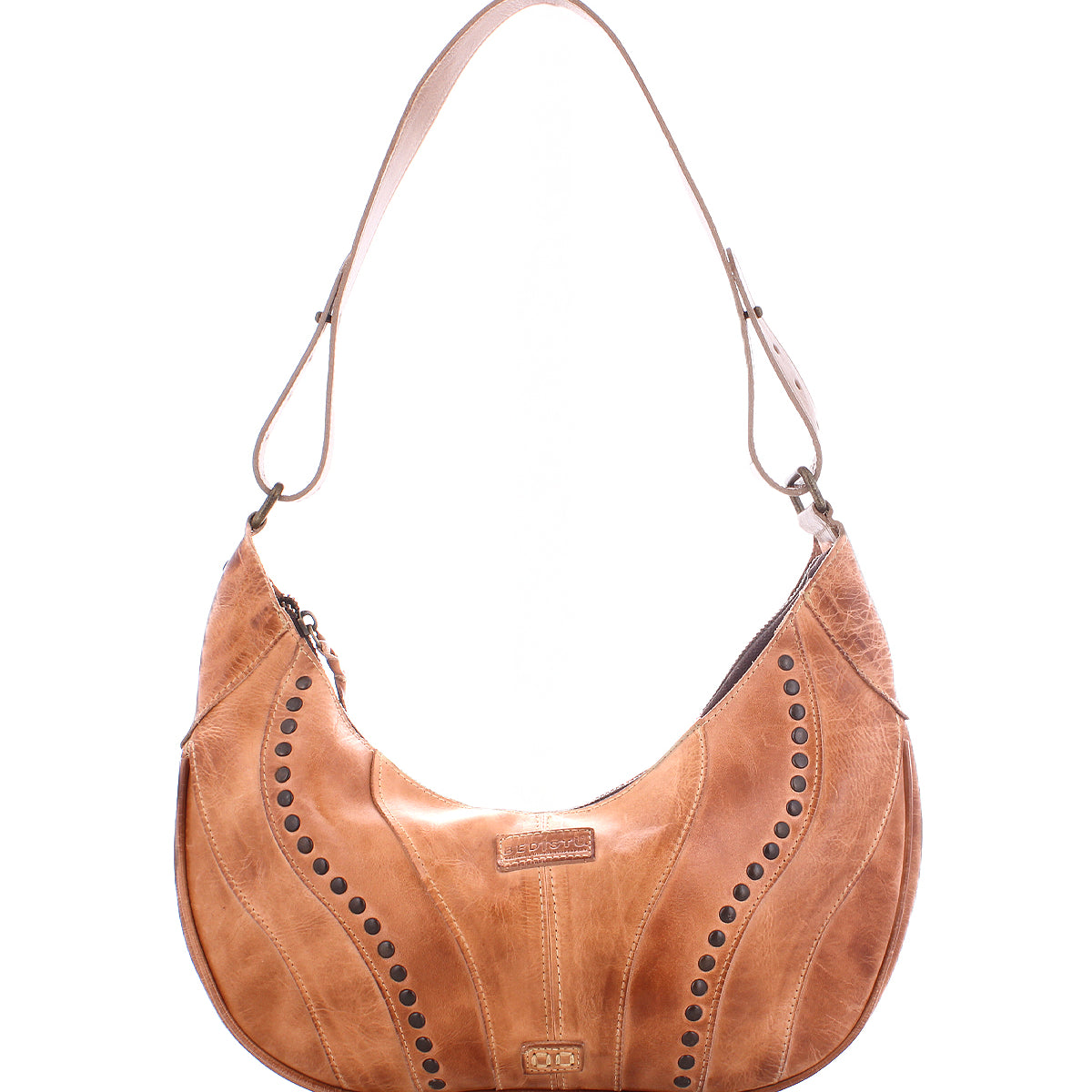 Bed|Stü Megara tan leather hobo bag with a single shoulder strap and rows of dark metal studs along the front.