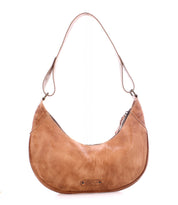 Bed|Stü Megara tan saddle bag in a crescent-shaped leather design with a zipper closure and a single strap.