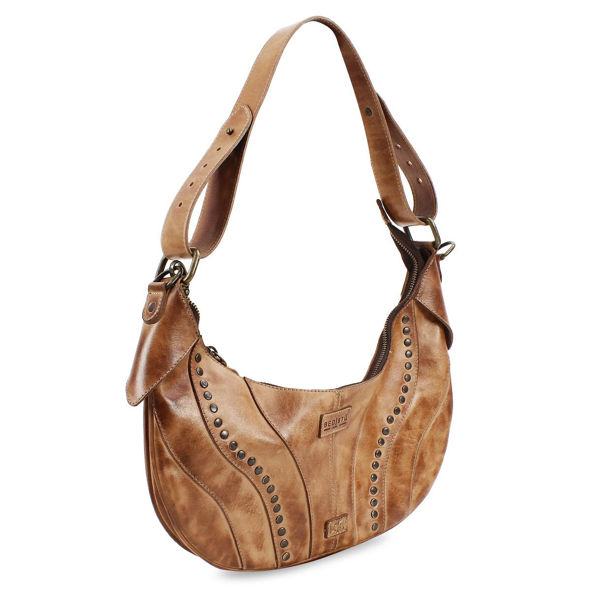 The Megara by Bed Stu is a brown leather shoulder bag adorned with decorative studs and an adjustable strap, showcasing exquisite leather details for added elegance.