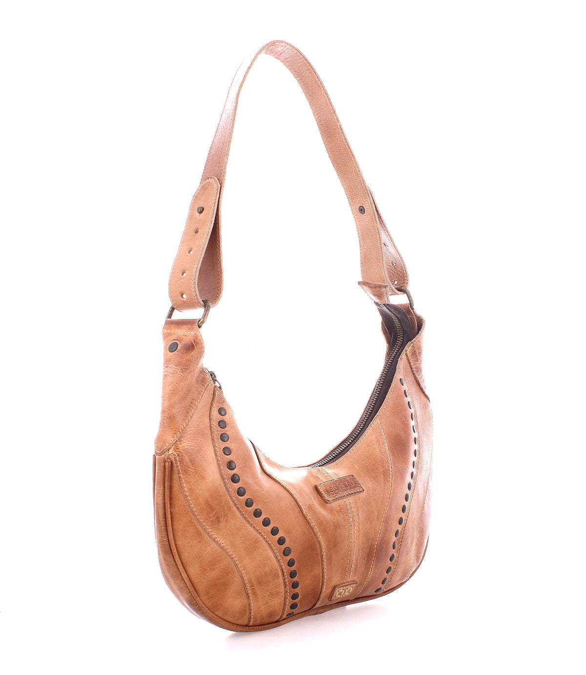 Bed|Stü Megara tan leather saddle bag with a curved silhouette, decorative studs, and a single adjustable strap.