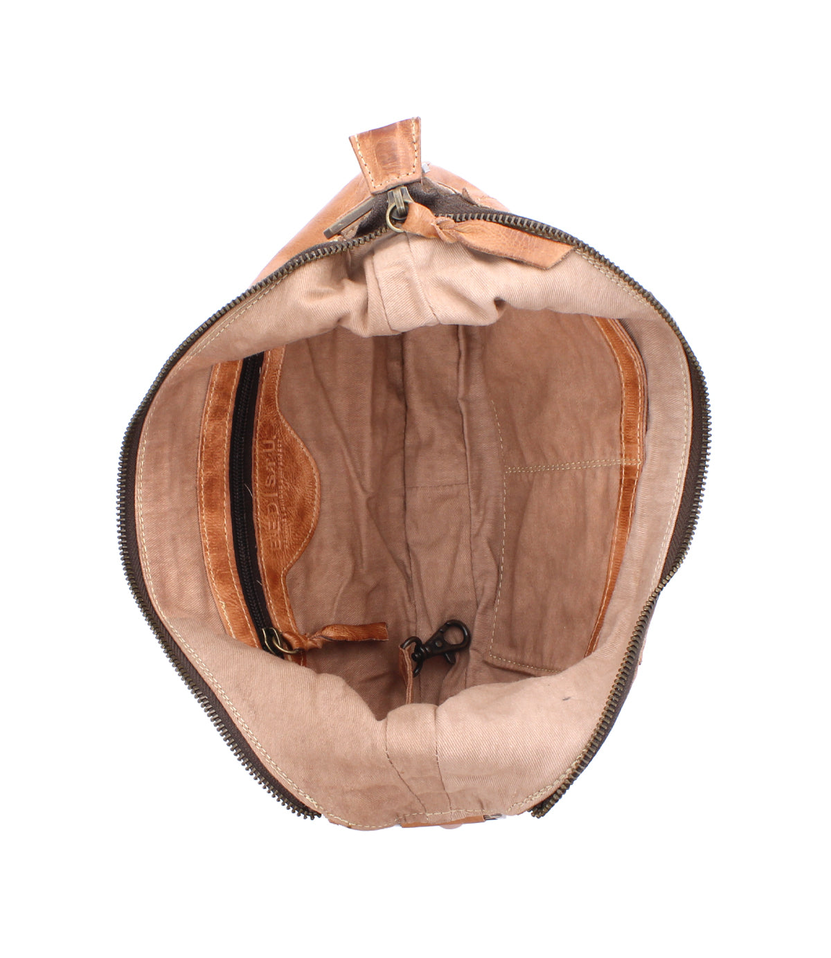 Top-down view of an open tan leather Bed|Stü Megara shoulder bag with a beige fabric lining, featuring an internal zippered pocket, a slip pocket, and a lobster clasp tether.