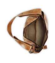 The Megara by Bed Stu is an open brown leather shoulder bag with a strap that features intricate leather details and visible interior compartments.