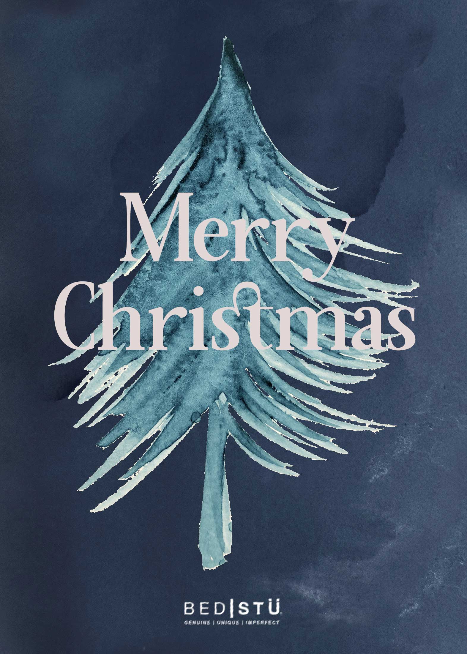 Bed|Stü Merry Christmas card with a watercolor tree on a blue background.
