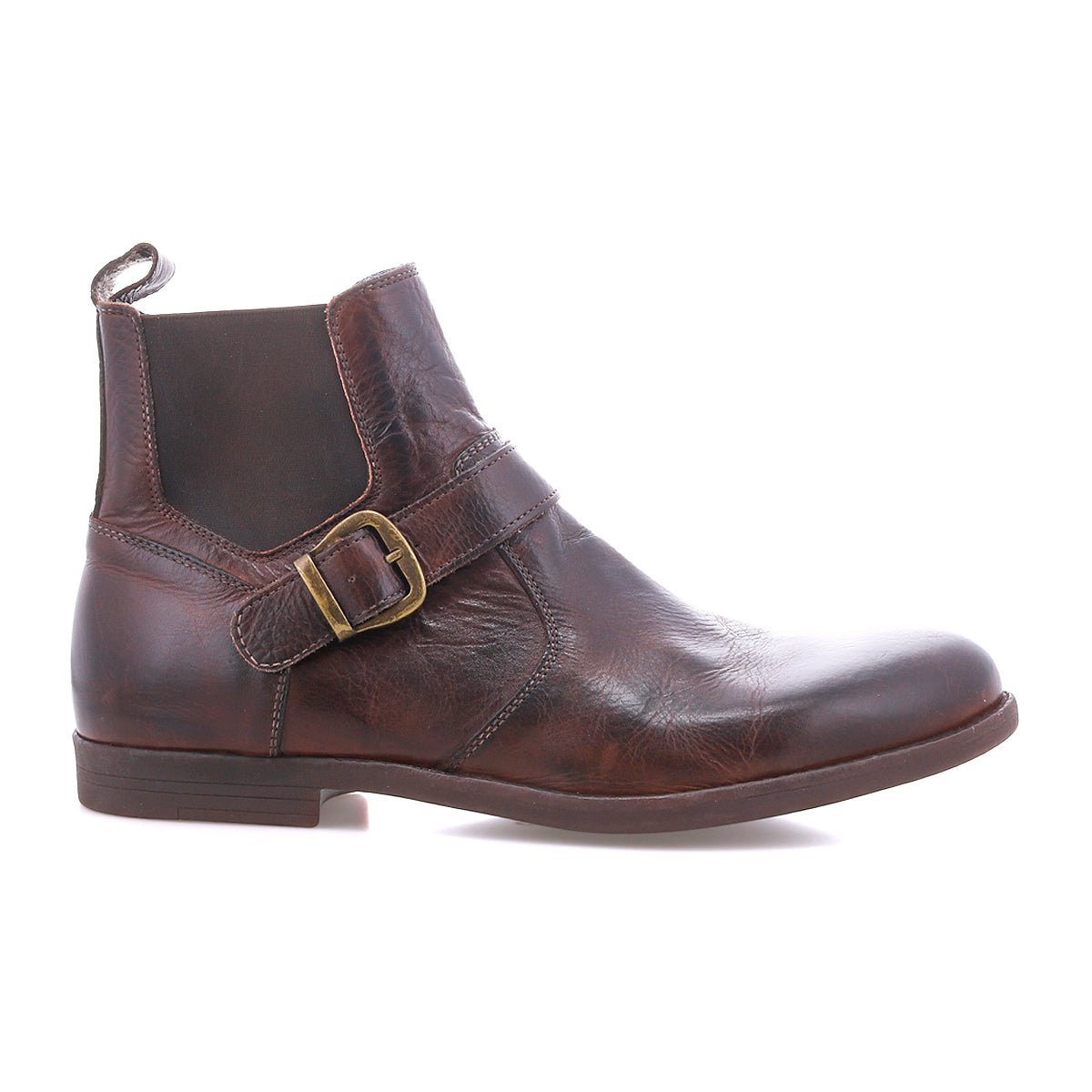 The Bed Stu Michelangelo is a brown leather ankle boot with a buckle accent and low heel, shown in profile facing right on a white background. It features a durable rubber outsole for enhanced grip and longevity.