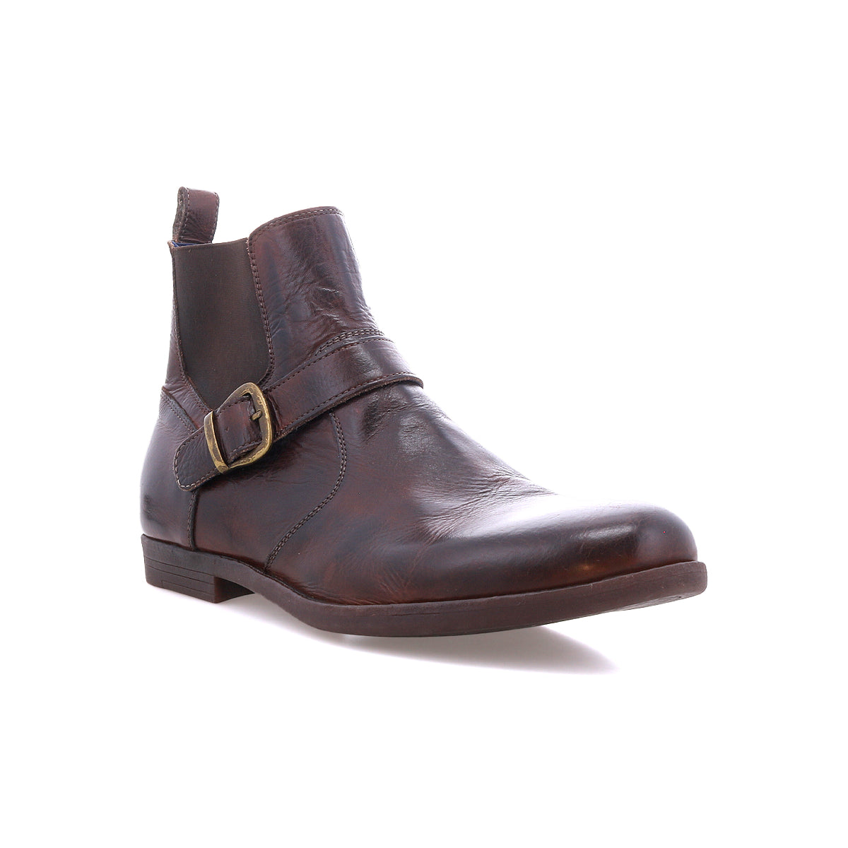 The Bed Stu Michelangelo is a brown leather ankle boot featuring a buckle accent, low heel, rounded toe, and durable rubber outsole, displayed on a white background.