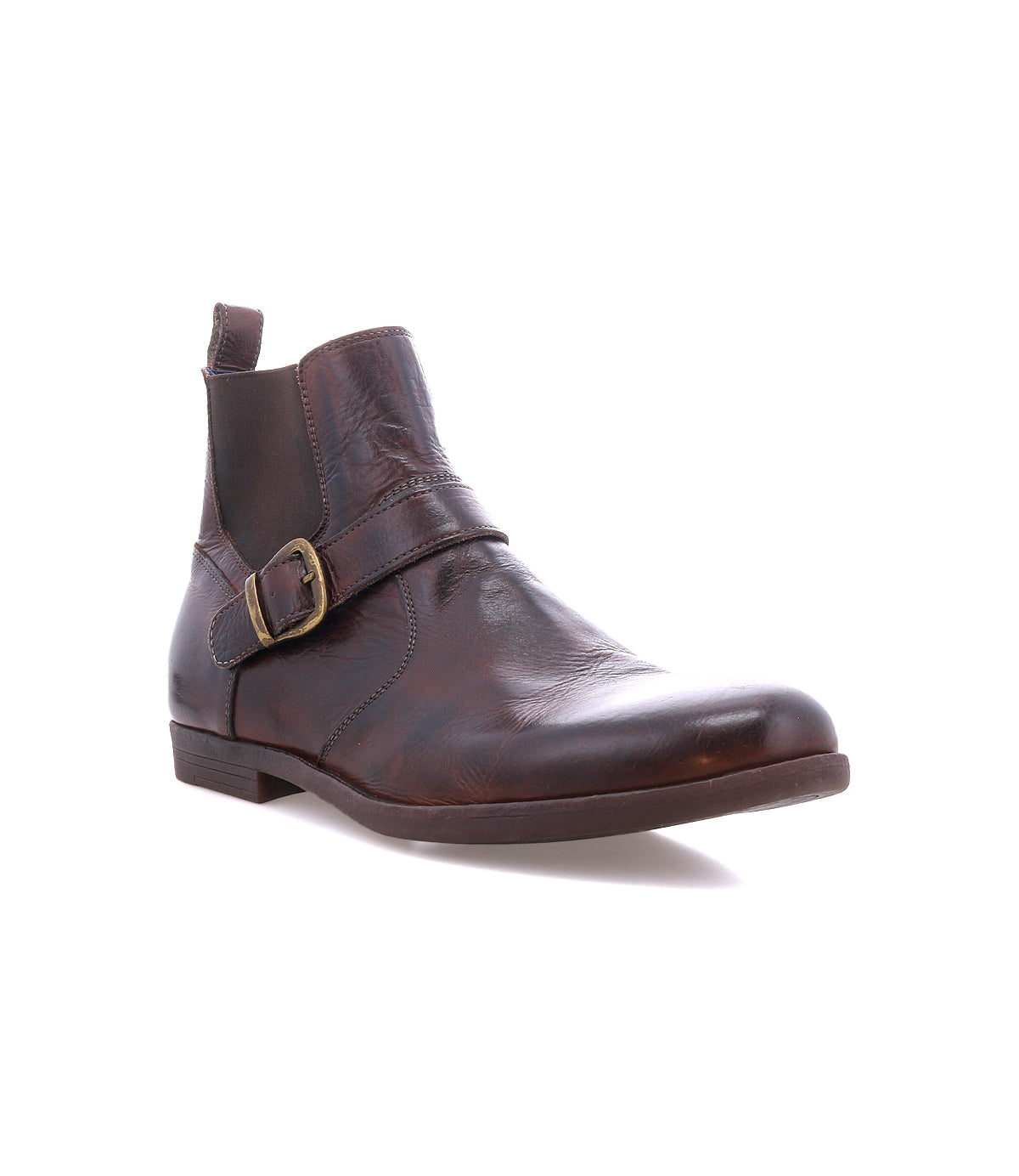 The Bed Stu Michelangelo is a brown leather ankle boot featuring a buckle accent, low heel, rounded toe, and durable rubber outsole, displayed on a white background.