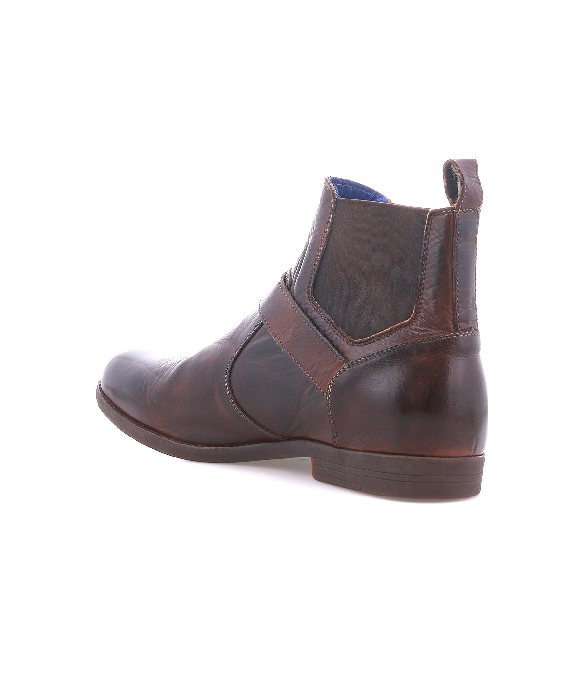 The Bed Stu Michelangelo is a brown leather Chelsea boot featuring elastic side panels, a pull tab, and a durable rubber outsole, shown from a rear side angle on a white background.