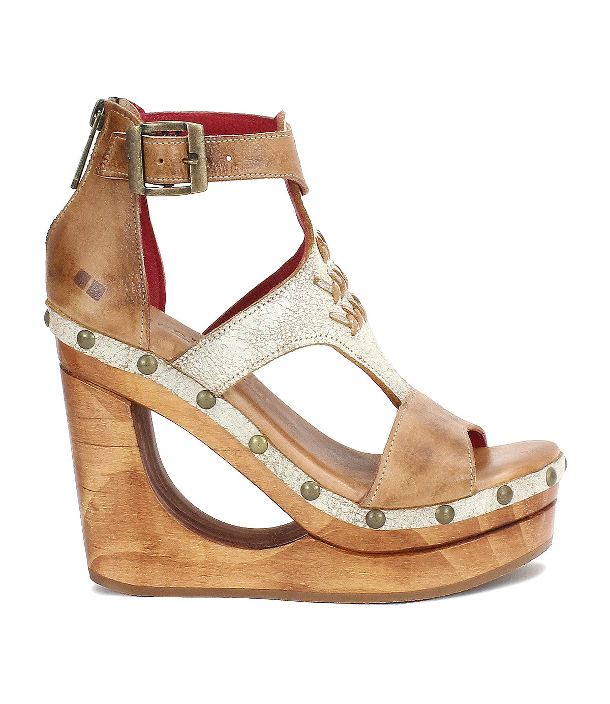A Millennial sandal by Bed Stu with a wooden wedge and t-strap design.