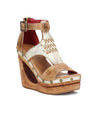 A women's Millennial wedge sandal from Bed Stu with a wooden platform and t-strap design.